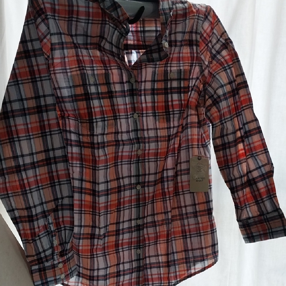 St. John’s Bay Coral, Peach, Navy & White Plaid Button-Down Shirt
